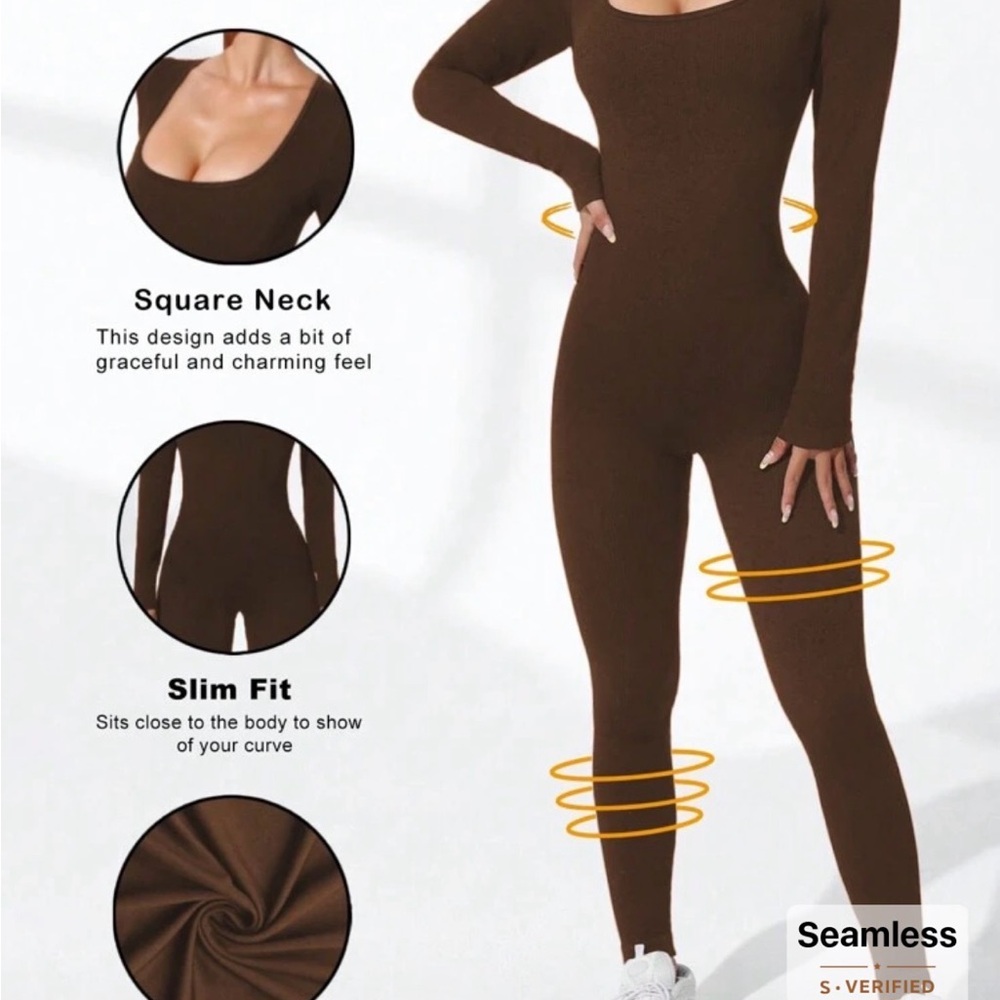 SHEIN Brown Long Sleeve Square Neck Seamless Ribbed Jumpsuit